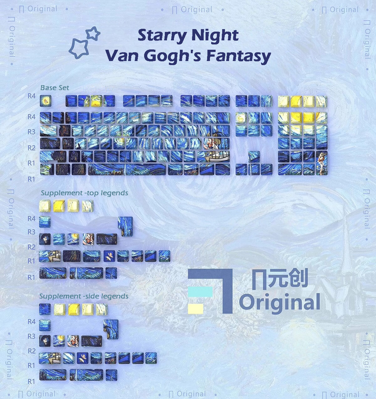 Starry Night Van Gogh's Fantasy 104+4 / 26 PBT Backlit Keycaps Set Cherry Profile for MX Switches Mechanical Gaming Keyboard